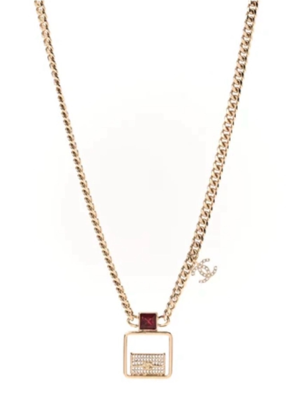Chanel Gold-Tone Necklace with Red Gem and Crystal-Embellished Pendant